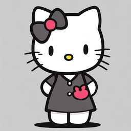 Hello Kitty wearing a black shirt, standing against a simple background. The image should be cute and suitable for all ages.