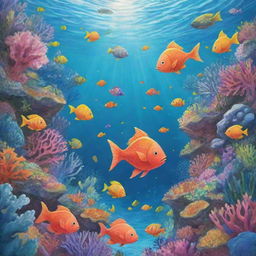 A lively and easy-to-draw cartoon scene for a children's book capturing Finn, Fiona, and Freddie, as they explore a kaleidoscopic coral reef bustling with brightly colored fish in the majestic underwater world.