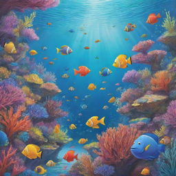 A lively and easy-to-draw cartoon scene for a children's book capturing Finn, Fiona, and Freddie, as they explore a kaleidoscopic coral reef bustling with brightly colored fish in the majestic underwater world.