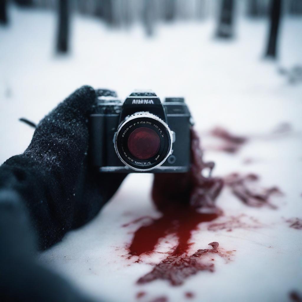 A person whose only visible parts are their hands holding a camera, with blood around and snow covering the ground