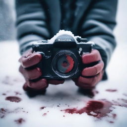 A person whose only visible parts are their hands holding a camera, with blood around and snow covering the ground