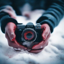 A person whose only visible parts are their hands holding a camera, with blood around and snow covering the ground