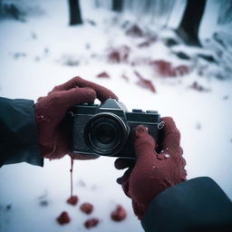 A person whose only visible parts are their hands holding a camera, with blood around and snow covering the ground