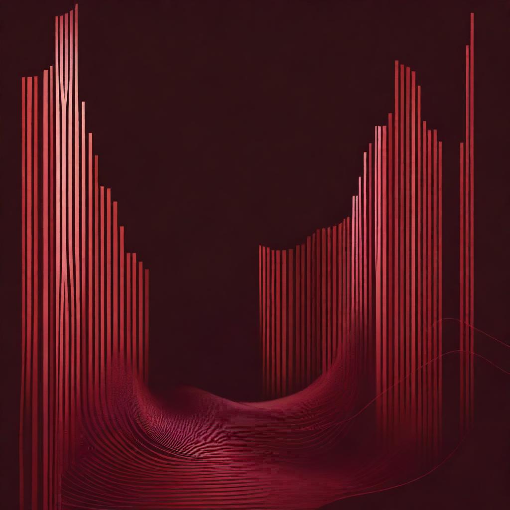 A vintage-style illustration with three lines moving up and down on a dark maroon background, featuring varying thickness and textures in an abstract design