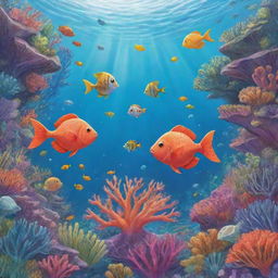 A lively and easy-to-draw cartoon scene for a children's book capturing Finn, Fiona, and Freddie, as they explore a kaleidoscopic coral reef bustling with brightly colored fish in the majestic underwater world.