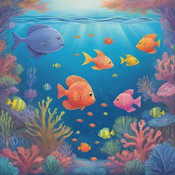 A lively and easy-to-draw cartoon scene for a children's book capturing Finn, Fiona, and Freddie, as they explore a kaleidoscopic coral reef bustling with brightly colored fish in the majestic underwater world.