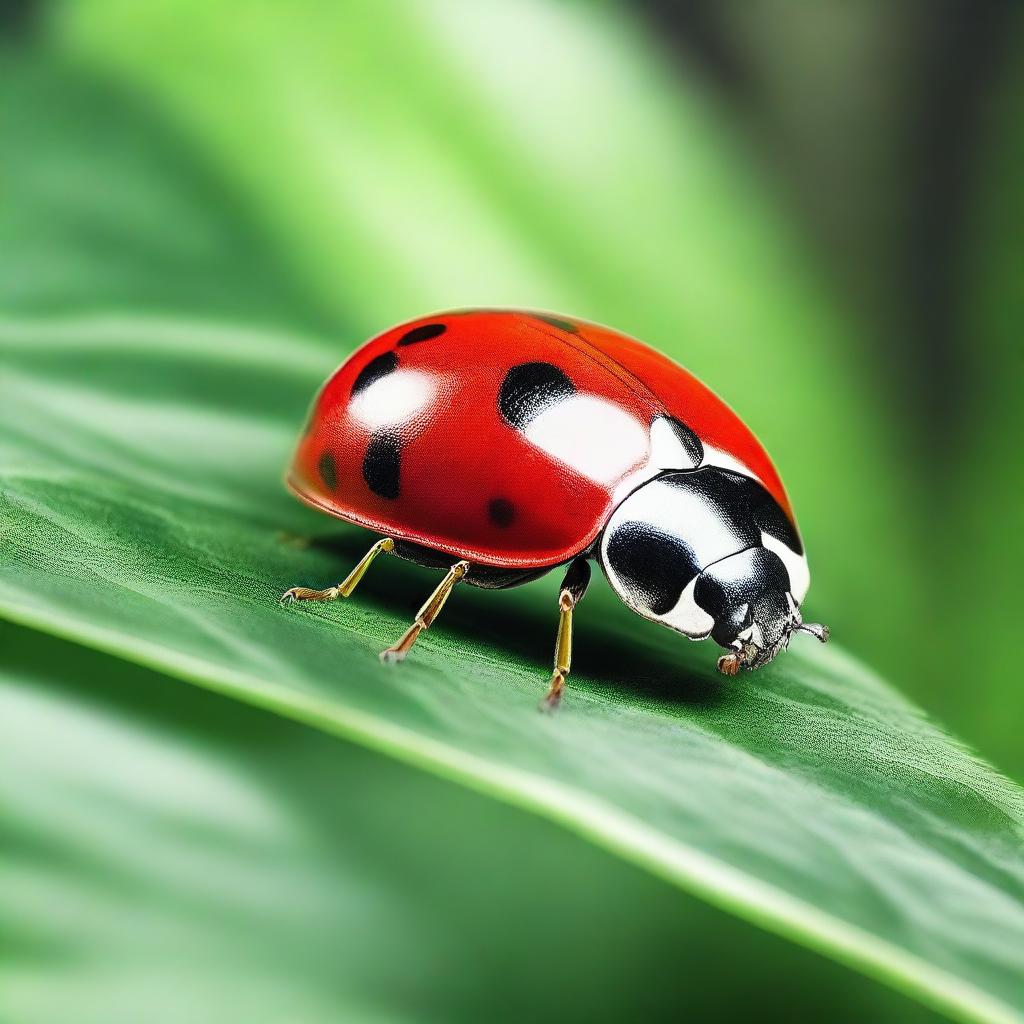 A realistic photo of a ladybug on a green leaf with a spotlight focused on the ladybug, captured in ultra HD, 4K resolution