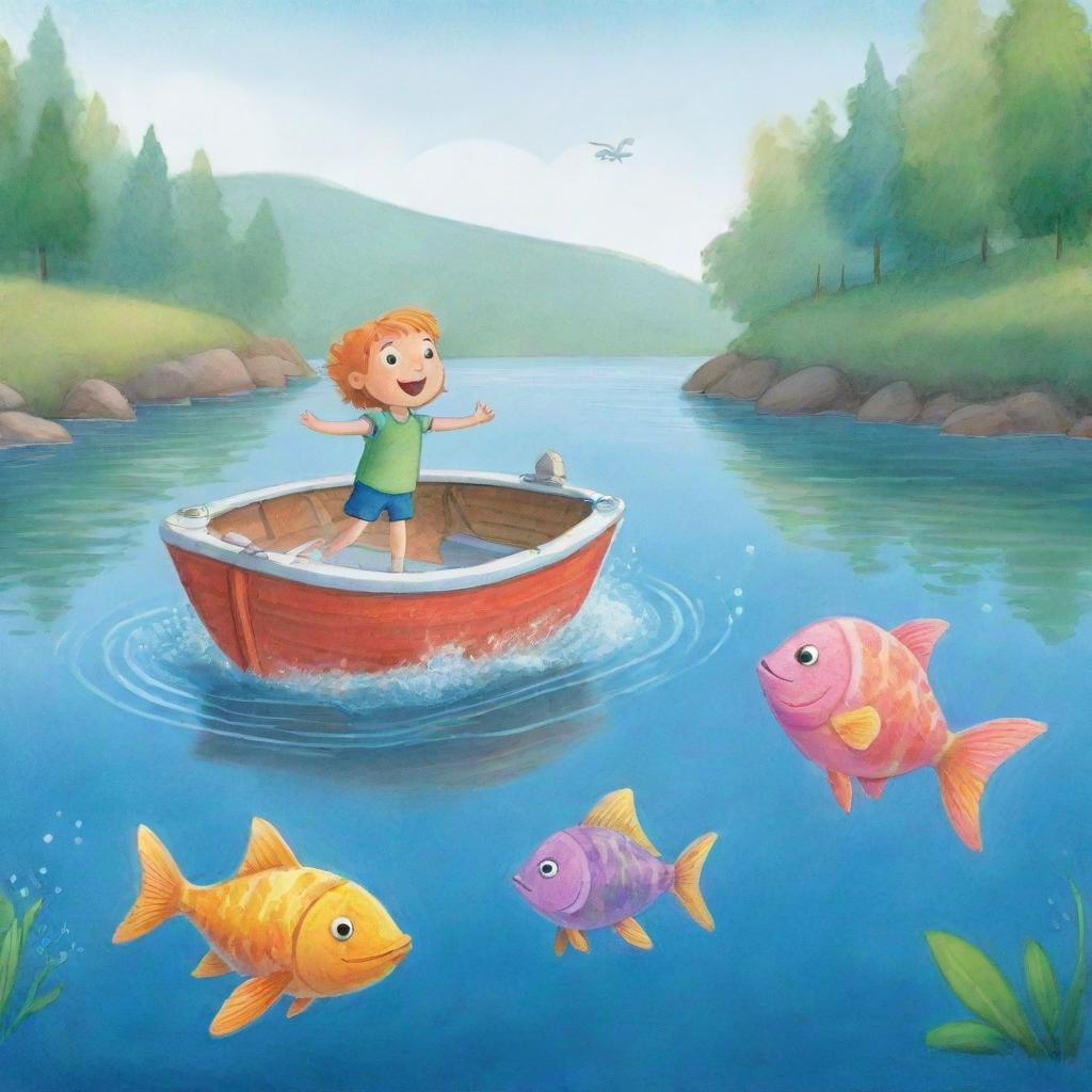 A fun and simple-to-draw cartoon scene for a children's book showcasing Finn and Fiona leaping playfully off their boat into the water to meet their aquatic friend amidst the shimmering, colorful fish.