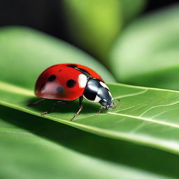 A realistic photo of a ladybug on a green leaf with a spotlight focused on the ladybug, captured in ultra HD, 4K resolution