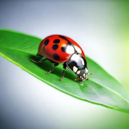 A realistic photo of a ladybug on a green leaf with a spotlight focused on the ladybug, captured in ultra HD, 4K resolution