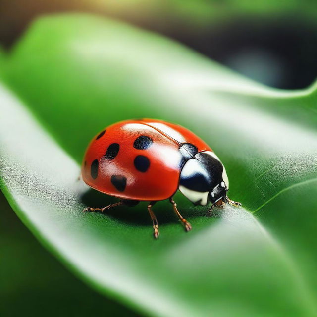 A realistic photo of a ladybug on a green leaf with a spotlight focused on the ladybug, captured in ultra HD, 4K resolution