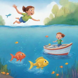 A fun and simple-to-draw cartoon scene for a children's book showcasing Finn and Fiona leaping playfully off their boat into the water to meet their aquatic friend amidst the shimmering, colorful fish.