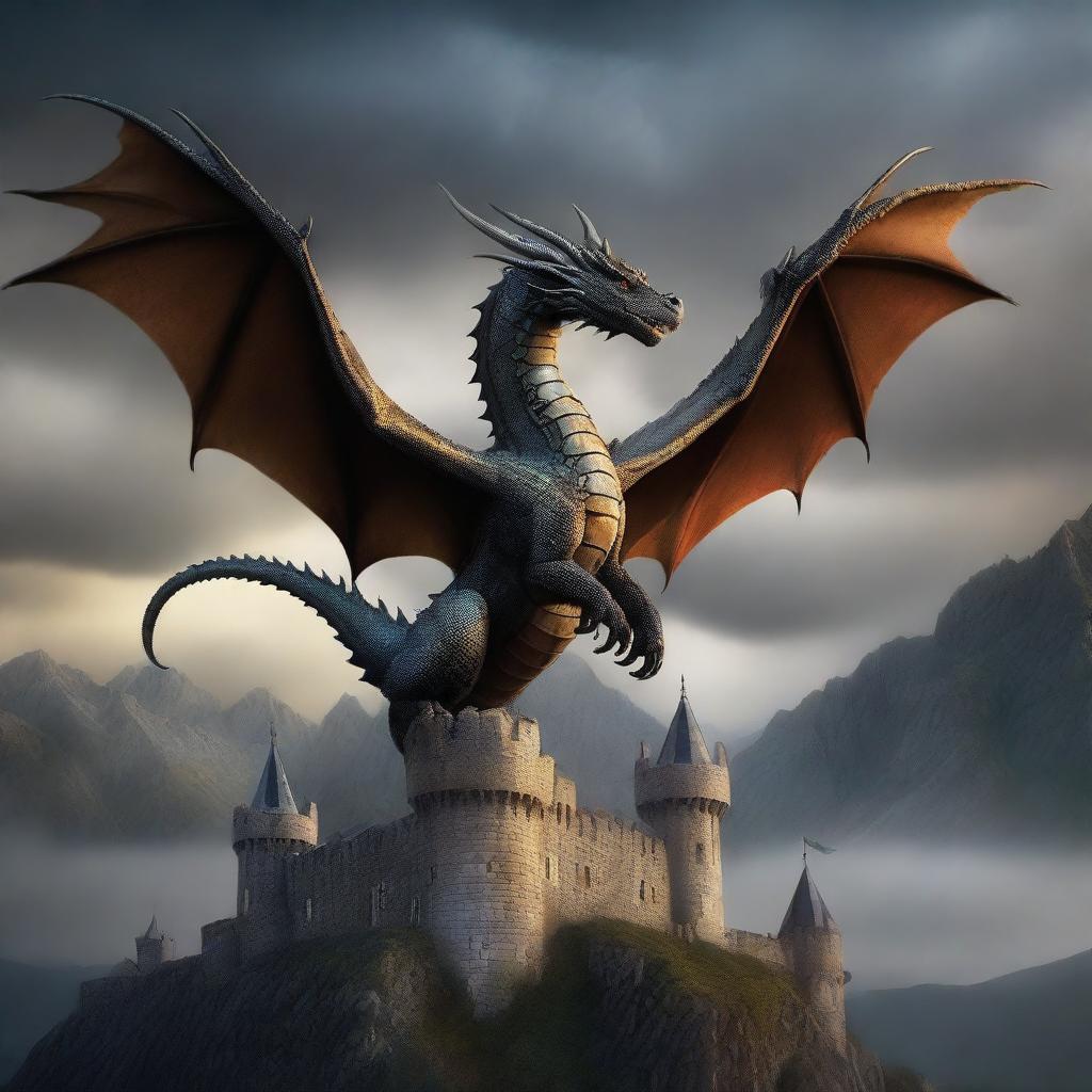 A majestic dragon soaring above a medieval castle, with mountains in the background and a dark, stormy sky