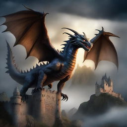 A majestic dragon soaring above a medieval castle, with mountains in the background and a dark, stormy sky