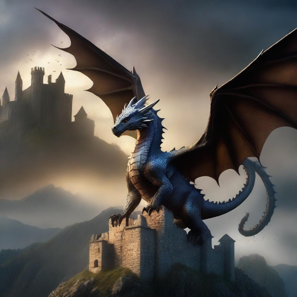 A majestic dragon soaring above a medieval castle, with mountains in the background and a dark, stormy sky