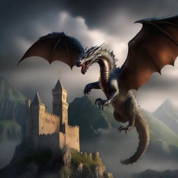 A majestic dragon soaring above a medieval castle, with mountains in the background and a dark, stormy sky