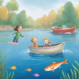 A fun and simple-to-draw cartoon scene for a children's book showcasing Finn and Fiona leaping playfully off their boat into the water to meet their aquatic friend amidst the shimmering, colorful fish.