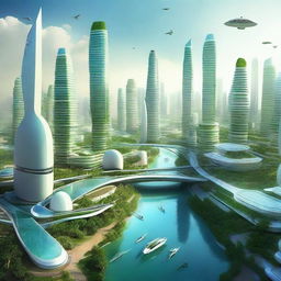 Create a breathtaking image of Future Kashi City, a futuristic urban landscape