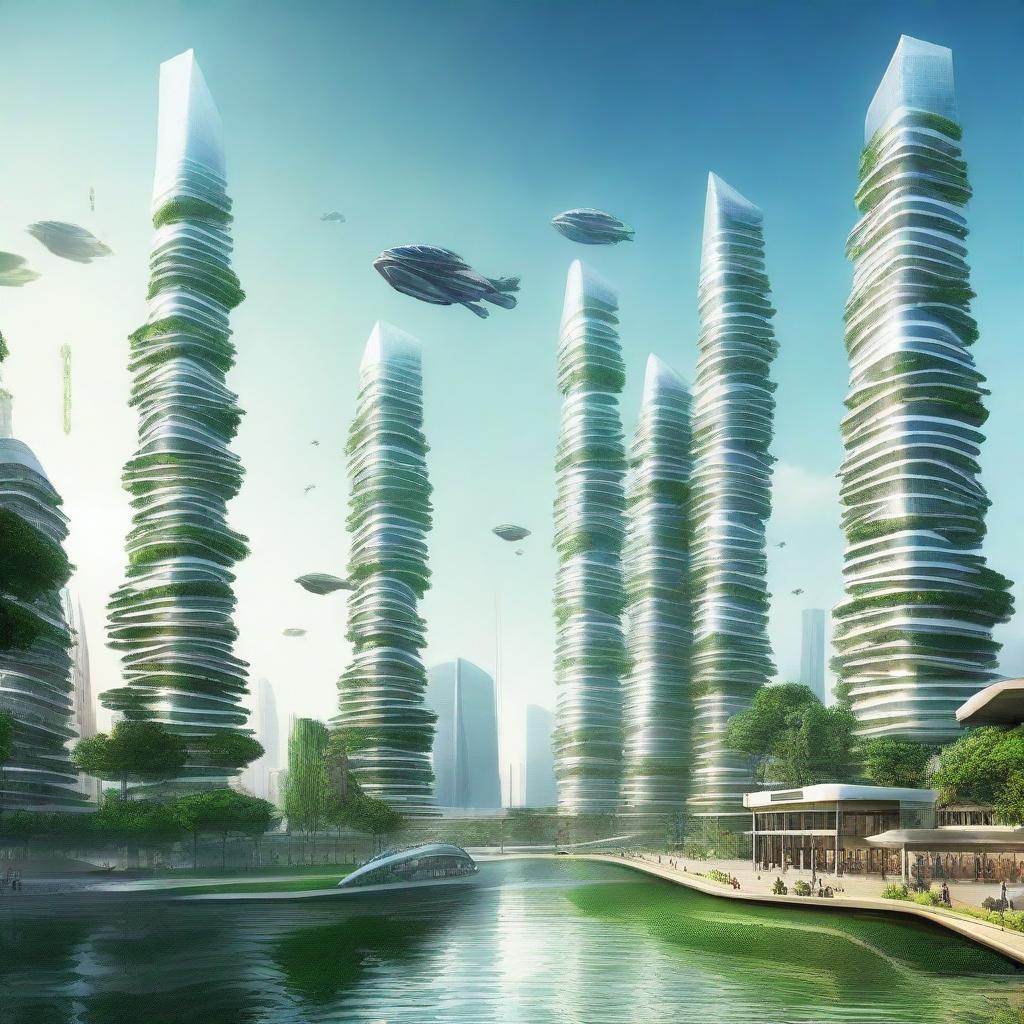 Create a breathtaking image of Future Kashi City, a futuristic urban landscape