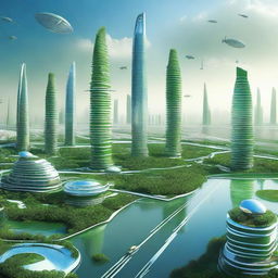 Create a breathtaking image of Future Kashi City, a futuristic urban landscape