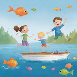 A fun and simple-to-draw cartoon scene for a children's book showcasing Finn and Fiona leaping playfully off their boat into the water to meet their aquatic friend amidst the shimmering, colorful fish.