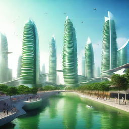 Create a breathtaking image of Future Kashi City, a futuristic urban landscape