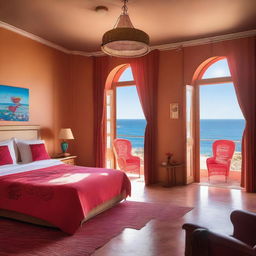 A cozy eco-friendly hotel room with flamenco-themed decor and a stunning sea view