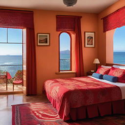 A cozy eco-friendly hotel room with flamenco-themed decor and a stunning sea view