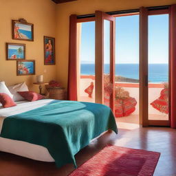 A cozy eco-friendly hotel room with flamenco-themed decor and a stunning sea view