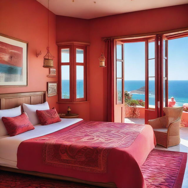 A cozy eco-friendly hotel room with flamenco-themed decor and a stunning sea view