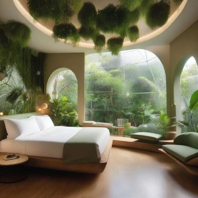 A hotel room designed to resemble a biosphere environment