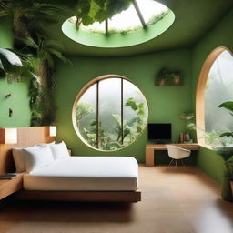 A hotel room designed to resemble a biosphere environment