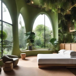 A hotel room designed to resemble a biosphere environment