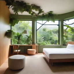 A hotel room designed to resemble a biosphere environment