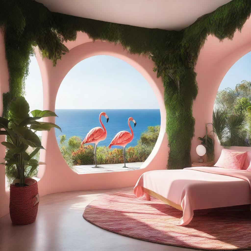 A hotel room designed to resemble a biosphere environment with flamingos and a stunning sea view