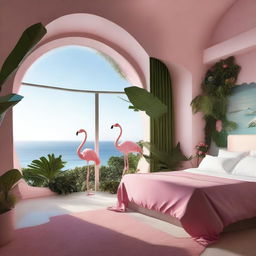 A hotel room designed to resemble a biosphere environment with flamingos and a stunning sea view