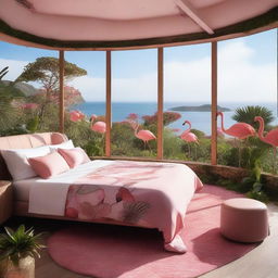 A hotel room designed to resemble a biosphere environment with flamingos and a stunning sea view