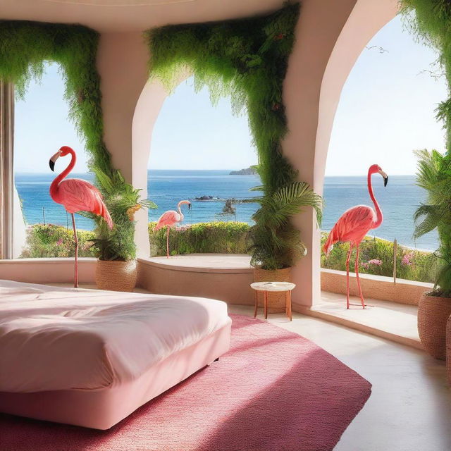 A hotel room designed to resemble a biosphere environment with flamingos and a stunning sea view