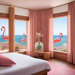 An eco-friendly hotel room with touches of flamingo-themed decor and a stunning sea view