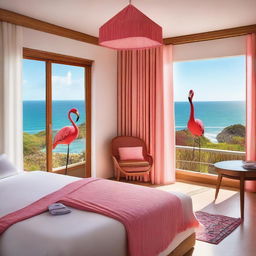 An eco-friendly hotel room with touches of flamingo-themed decor and a stunning sea view