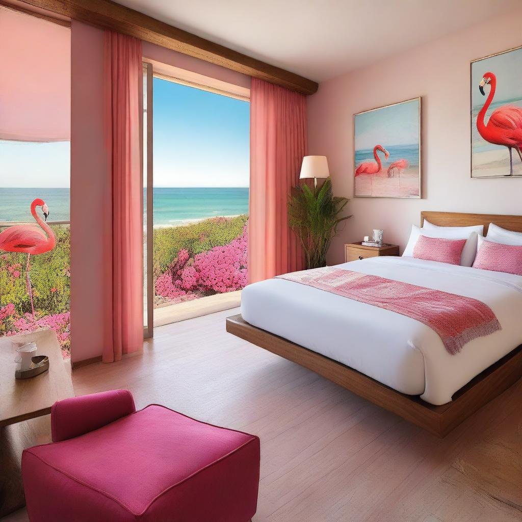 An eco-friendly hotel room with touches of flamingo-themed decor and a stunning sea view