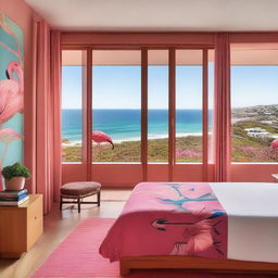 An eco-friendly hotel room with touches of flamingo-themed decor and a stunning sea view