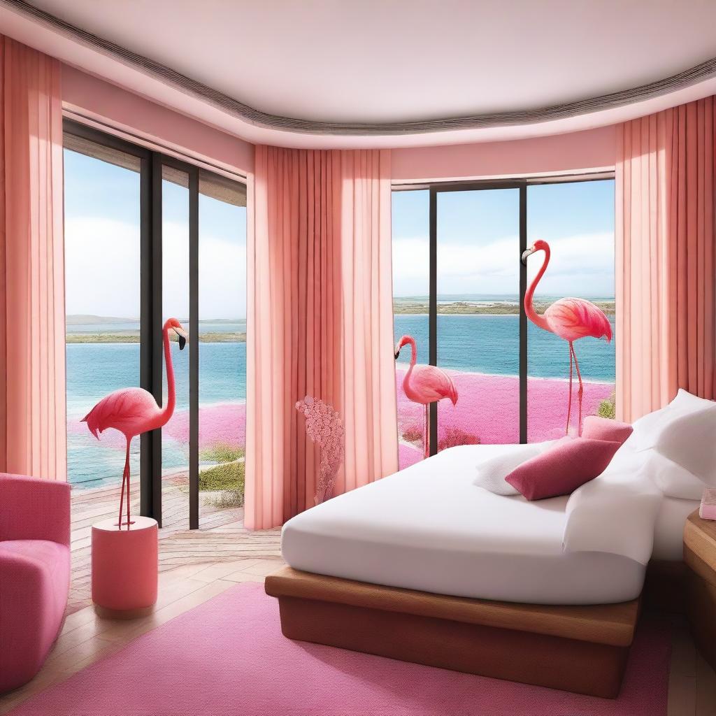 A hotel room with a sustainable theme and flamingos, offering a stunning sea view