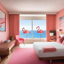 A hotel room with a sustainable theme and flamingos, offering a stunning sea view