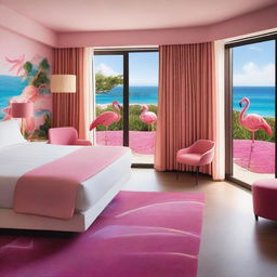 A hotel room with a sustainable theme and flamingos, offering a stunning sea view