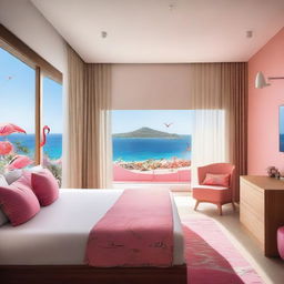 A hotel room with a sustainable theme and flamingos, offering a stunning sea view