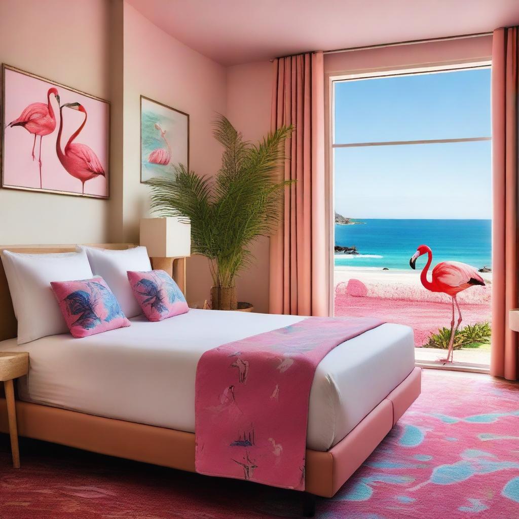 An eco-friendly hotel room with a sea view, featuring a sustainable theme and flamingos