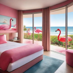 An eco-friendly hotel room with a sea view, featuring a sustainable theme and flamingos