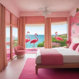 An eco-friendly hotel room with a sea view, featuring a sustainable theme and flamingos