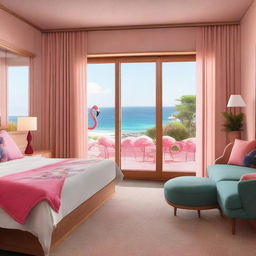 An eco-friendly hotel room with a sea view, featuring a sustainable theme and flamingos